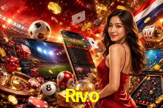 Una escena digital vívida inspirada en casino con Rivo mostrado prominentemente, luces brillantes, fichas, cartas y acentos dorados.
