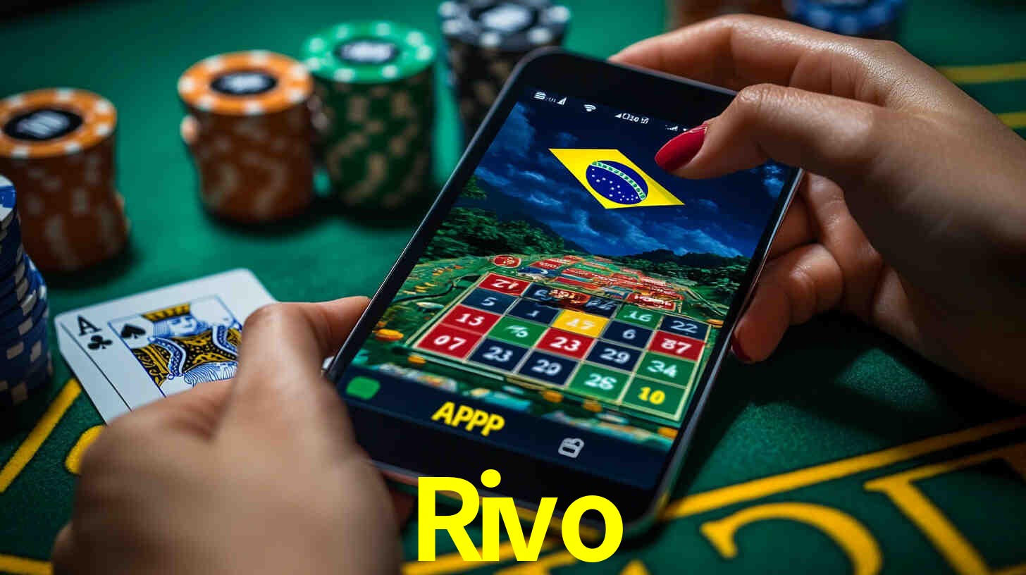 Escena dinámica inspirada en casino con iluminación Rivo, cartas, fichas e íconos de juegos digitales en un espacio moderno de juegos.