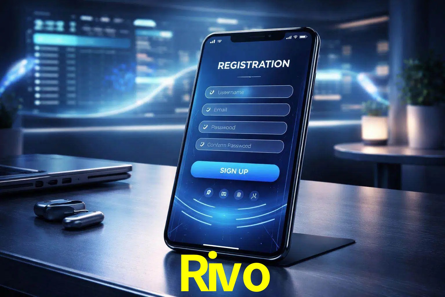 Una interfaz moderna de registro móvil para Rivo mostrada en un smartphone con un panel de apuestas elegante.